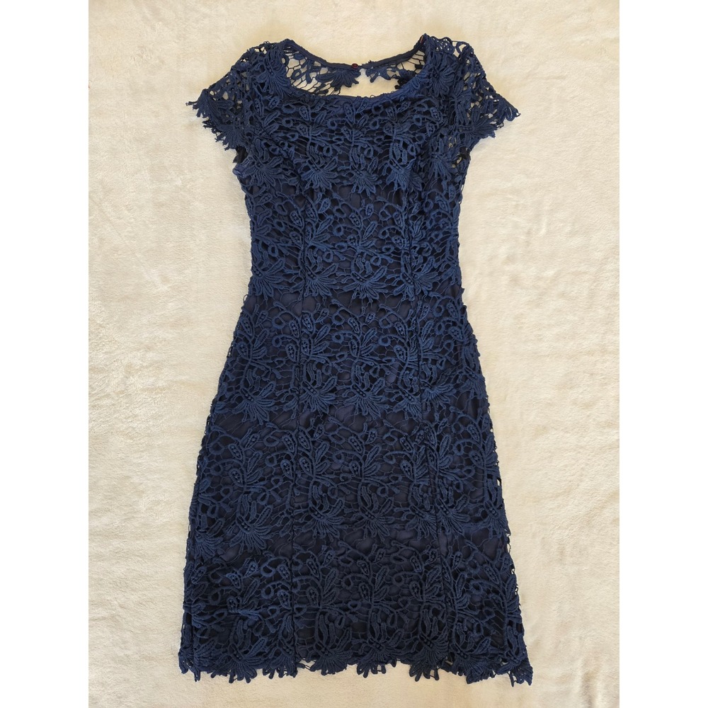 Lulus Navy Blue Floral Lace Open Back Sheath Dress Cap Sleeve Small
